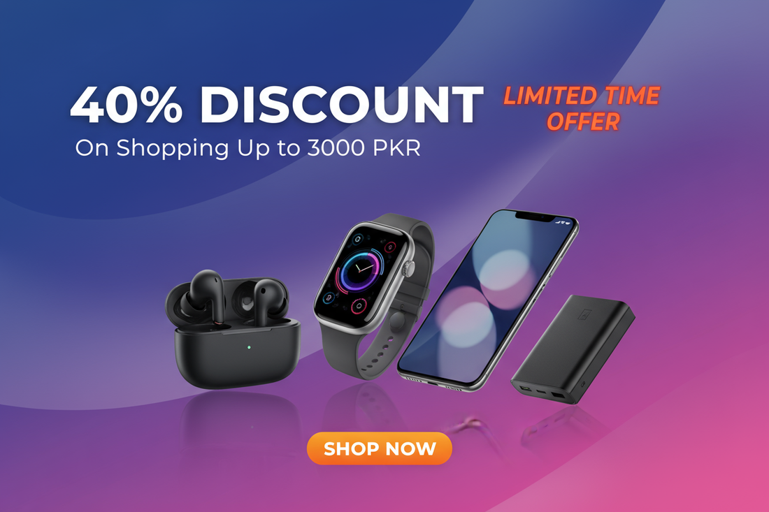 create a template of gadgets products with beautiful background and mention 40% discount on shopping upto 3000 pkr, limited time offer and shop now button