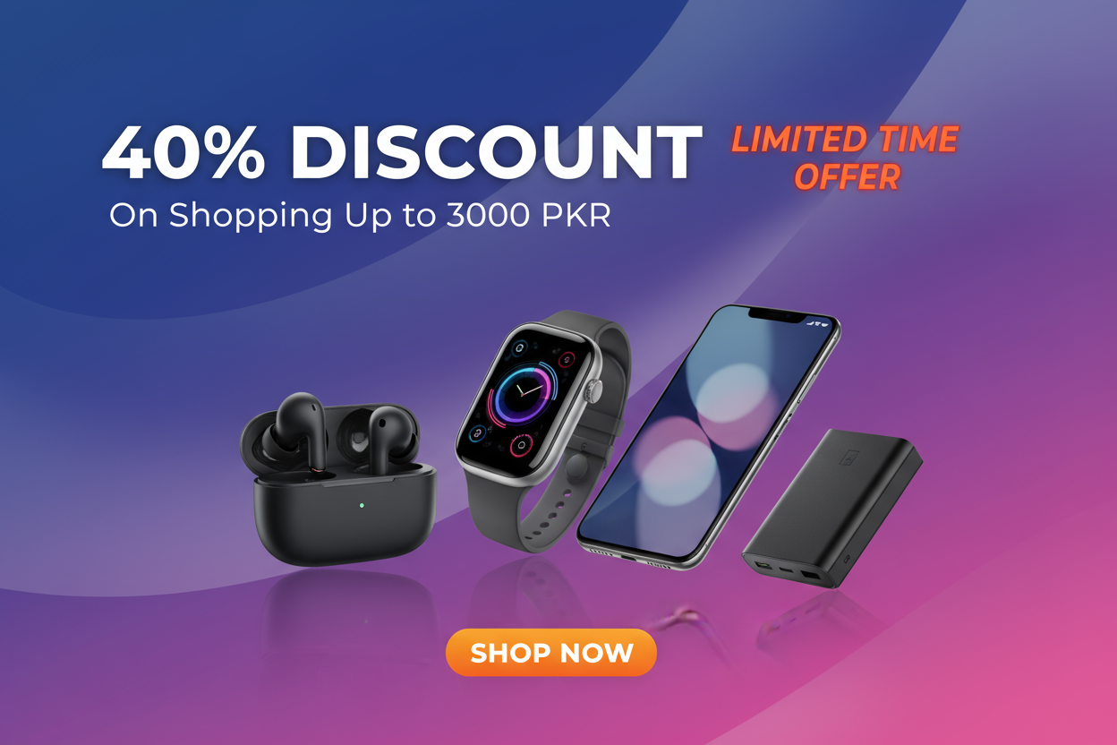 create a template of gadgets products with beautiful background and mention 40% discount on shopping upto 3000 pkr, limited time offer and shop now button