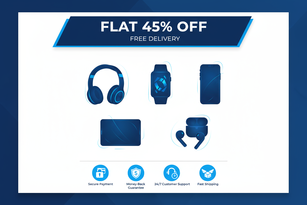 create electronics and gadgets products template and mention flat 45% discount and free delivery also trust badges, dont mention any product name or price, mention products also 